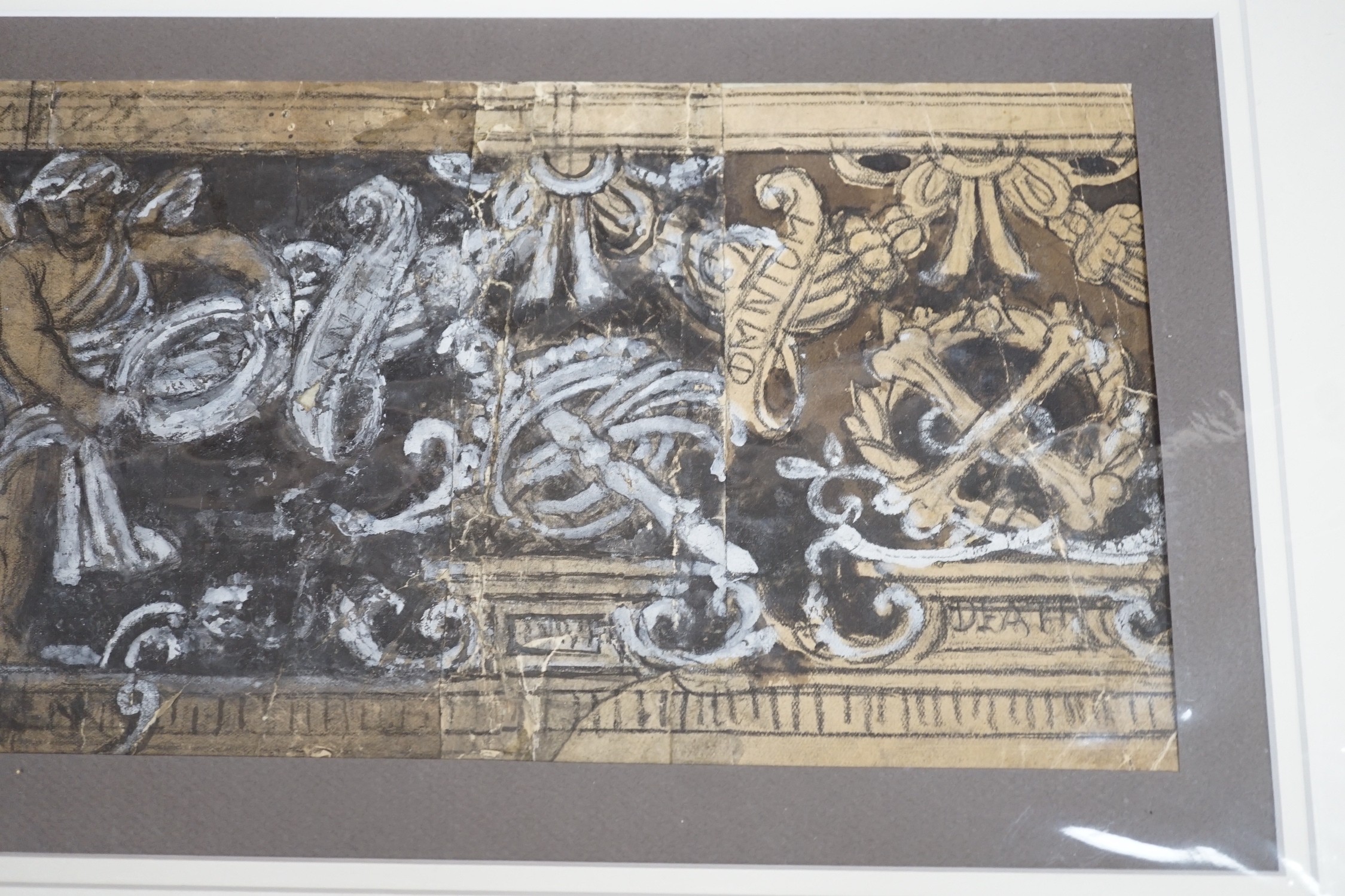 Old Master, charcoal and watercolour on paper, Study of a classical frieze, 16 x 36cm, unframed